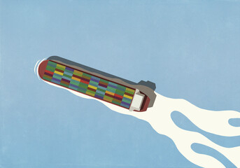 View from above container ship on ocean
