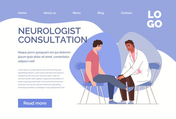Diagnosis and treatment of neurological diseases. Character of neurologist checks patient reflexes with medical hammer. Flat cartoon illustration. Vector. Web template, landing page.