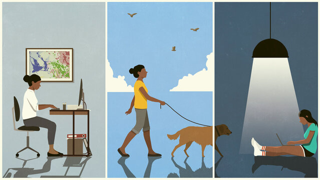 Day in the life series woman working, walking dog and surfing the internet
