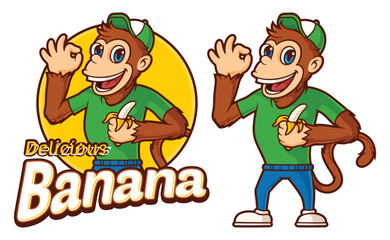Delicious banana with monkey cartoon character
