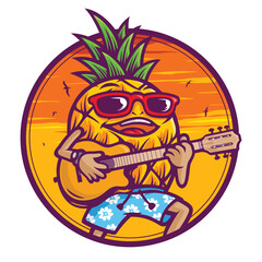 Pineapple mascot character playing guitar in summer