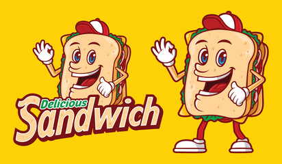 Delicious sandwich with funny cartoon character and combined typography