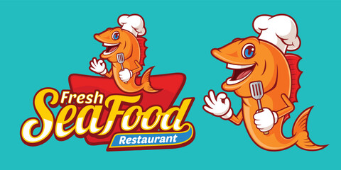 Delicious fresh seafood logo template, with cute cartoon fish chef characters