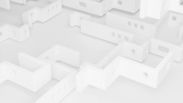 Walls falling gradually from above forming labyrinth structure abstract white architecture background, 3d animation
