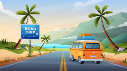 Wall murals Cartoon cars Road trip vacation by car on highway with beach and hills view concept cartoon illustration
