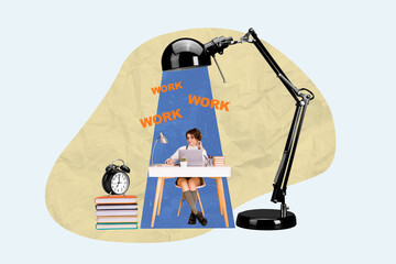 Composite collage picture of working girl under huge table lamp light isolated on painted creative background