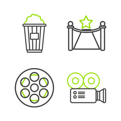 Set line Cinema camera, Film reel, Carpet with barriers and star and Popcorn cardboard box icon. Vector