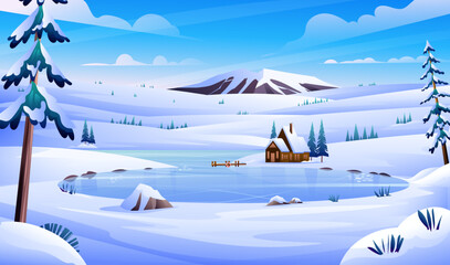 Winter landscape with a house, frozen lake and mountain background illustration