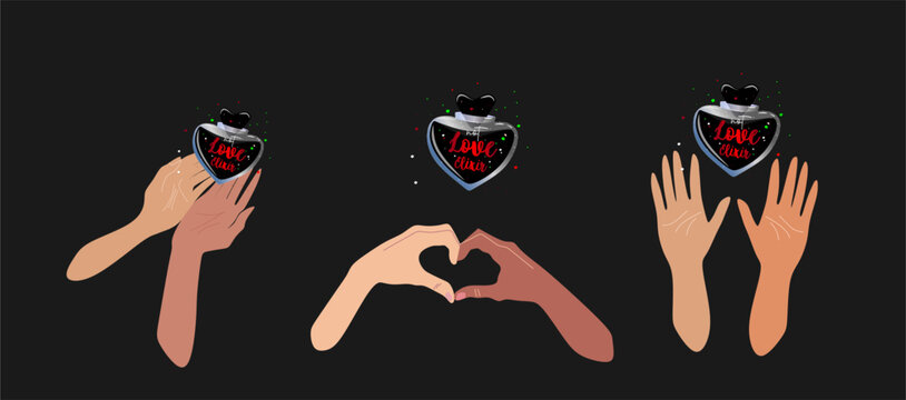 Love elixir in a heart-shaped bottle with a black liquid.  Hands holding the elixir.Magic love.Valentine day