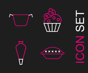 Set line Homemade pie, Pastry bag for decorate cakes, Cupcake and Cooking pot icon. Vector
