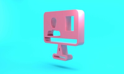 Pink Online class icon isolated on turquoise blue background. Online education concept. Minimalism concept. 3D render illustration