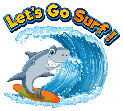 Cute shark cartoon character surfing