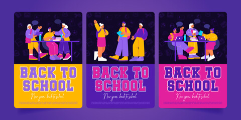 Back to school posters with students studying and prepare for exams. Teenagers classmates with books and gadgets communicate in college or university, chat, work on laptop Line art flat vector banners