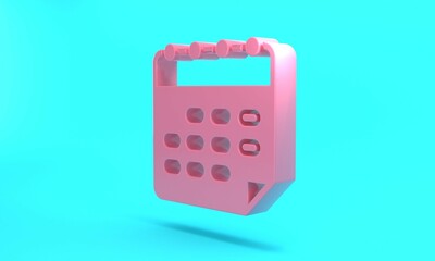 Pink School timetable icon isolated on turquoise blue background. Minimalism concept. 3D render illustration