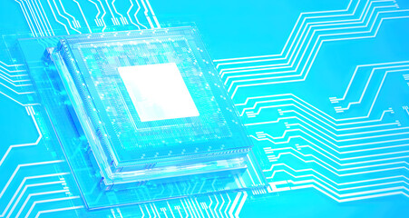 3D rendering of cyberpunk AI. Circuit board. Technology background. Central Computer Processors CPU and GPU concept. Motherboard digital chip. Tech science background.