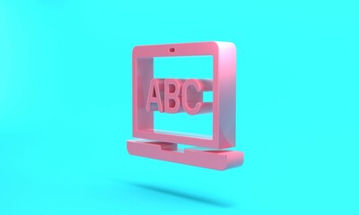Pink Laptop icon isolated on turquoise blue background. Computer notebook with empty screen sign. Minimalism concept. 3D render illustration