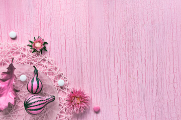 Pink Fall decor. Panoramic banner image. Stripy pumpkins, dry Autumn leaves and flowers. Fuchsia painted objects on pink textured background. Monochromatic flat lay, copy-space.