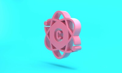 Pink Atom icon isolated on turquoise blue background. Symbol of science, education, nuclear physics, scientific research. Minimalism concept. 3D render illustration