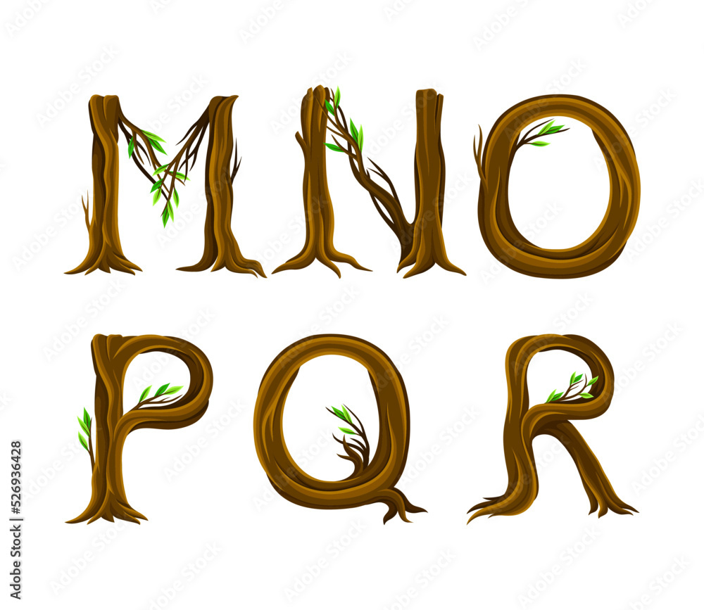 Poster forest alphabet arranged from tree trunk and branches with capital letter symbols vector set
