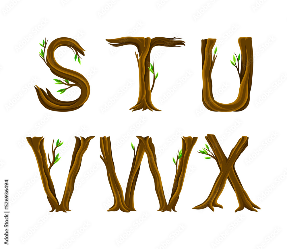 Aufkleber forest alphabet arranged from tree trunk and branches with capital letter symbols vector set