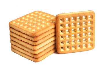 A stack of square-shaped cookies on a white background.