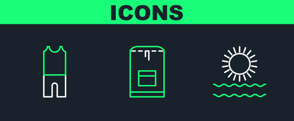 Set line Sun and waves, Wetsuit for scuba diving and Backpack icon. Vector