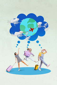 Vertical collage picture of excited funny people hold suitcase dreaming travel fly around globe isolated on painted background