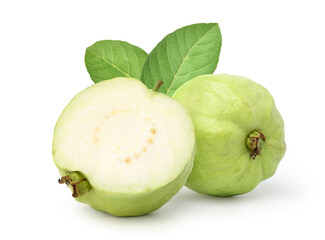 Guava fruit with sliced and leaf isolated on white background. Clipping path.