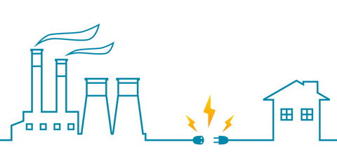 Blue line power plant generates electricity to transmit electricity to city building home with electric socket outlet plug and yellow spark bolt in white background outline flat vector design.