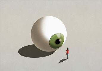 Woman standing at large green eyeball
