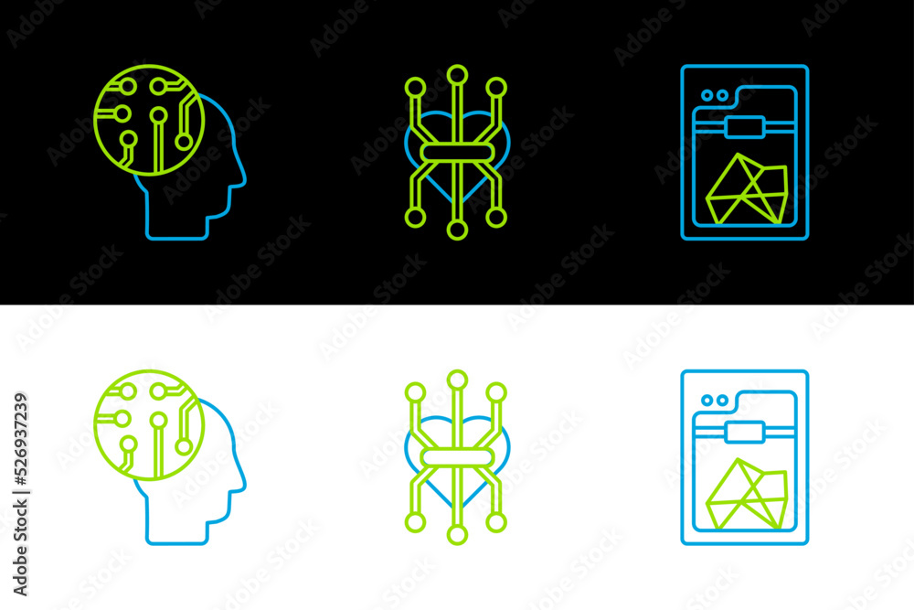 Poster set line 3d printer, human brain as digital circuit board and processor icon. vector