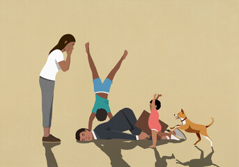 Happy family with dog playing around exhausted businessman father

