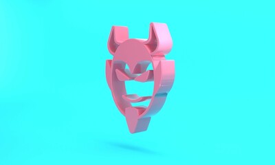 Pink Devil head icon isolated on turquoise blue background. Happy Halloween party. Minimalism concept. 3D render illustration