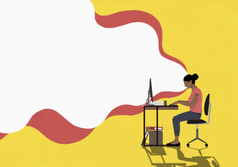 Cloud emitting from woman using computer at desk
