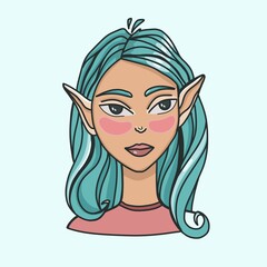icon avatar girl elf with blue hair, unusual girl
