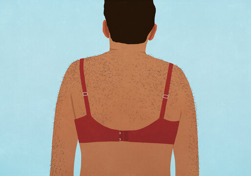 Man with hairy back wearing red bra
