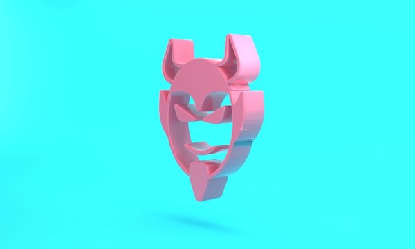 Pink Devil head icon isolated on turquoise blue background. Happy Halloween party. Minimalism concept. 3D render illustration