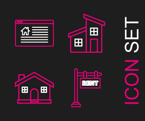 Set line Hanging sign with text Rent, House, and Online Sale icon. Vector