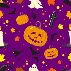 Halloween seamless pattern with colorful holiday symbols and maple leaves on purple background