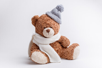 teddy bear with knitted scarf and hat on a white background, isolated