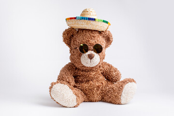 teddy bear in sunglasses and straw hat on a white background, the concept of recreation