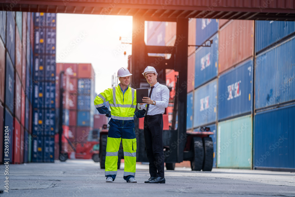 Poster Engineer container cargo with worker working and checking stock into container for loading,logistic and business export.