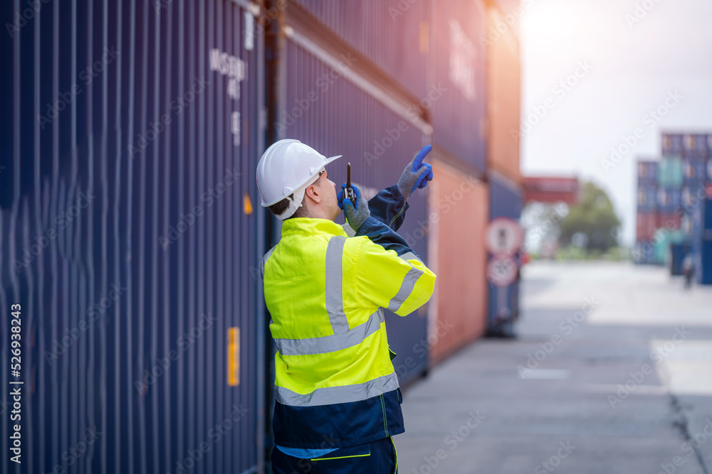 Aufkleber Inspector checking container yard Organising stock to pack into containers,Logistic shipping yard business,Unload and loading variety of products to and from container