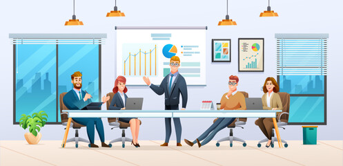 Corporate business team and manager discussing a business strategy in office illustration
