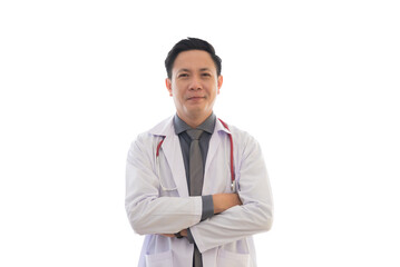 Asian doctor man portrait standing with smile and confidence isolated in white background.