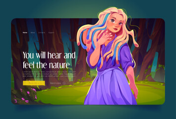 Cartoon landing page with beautiful girl on nature landscape. Young woman forest fairy, wood nymph or dryad with dreadlocks wear long ancient dress invite to hear and feel nature, Vector web banner - obrazy, fototapety, plakaty