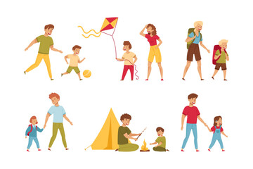 Fototapeta premium Man and Woman Parent with Kids Enjoying Different Activity Together Vector Set