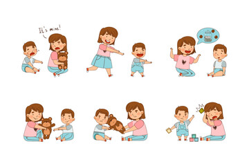 Sister with Her Little Brother Engaged in Different Activity Playing Together Vector Set
