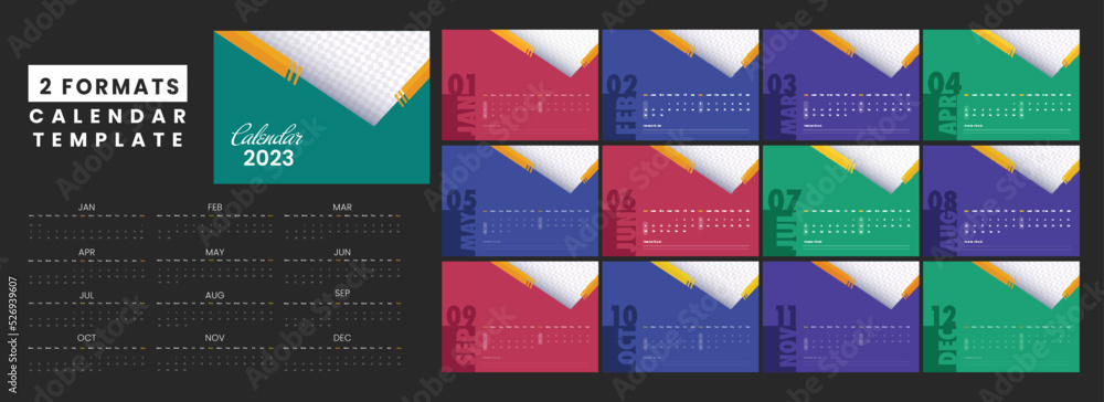 Poster 2 formats complete set of 2023 colorful yearly calendar template on black background.