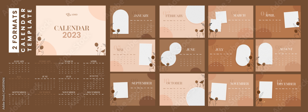 Poster 2 formats complete set of 2023 yearly calendar template design with space for image or text in peach